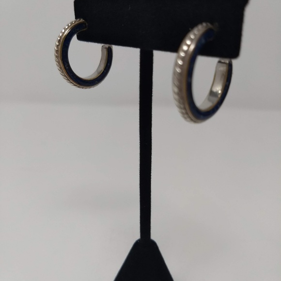STERLING SILVER/LAPIS INLAY POST HOOP EARRINGS - Picture 7 of 8